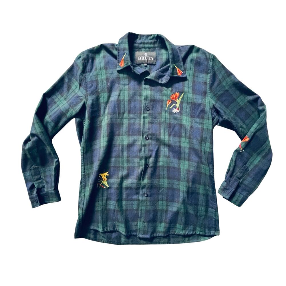 BRUTA PLAID SHIRT WITH FLORAL EMBROIDERY DETAILS SIZE MEDIUM